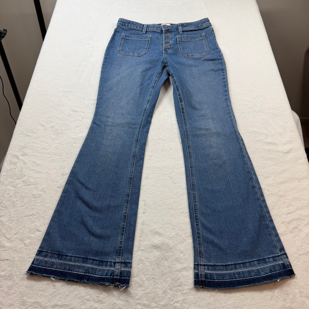 SO High Rise Flare Jeans Girls Size 16 Blue Good Button Fly Raw Released Hem